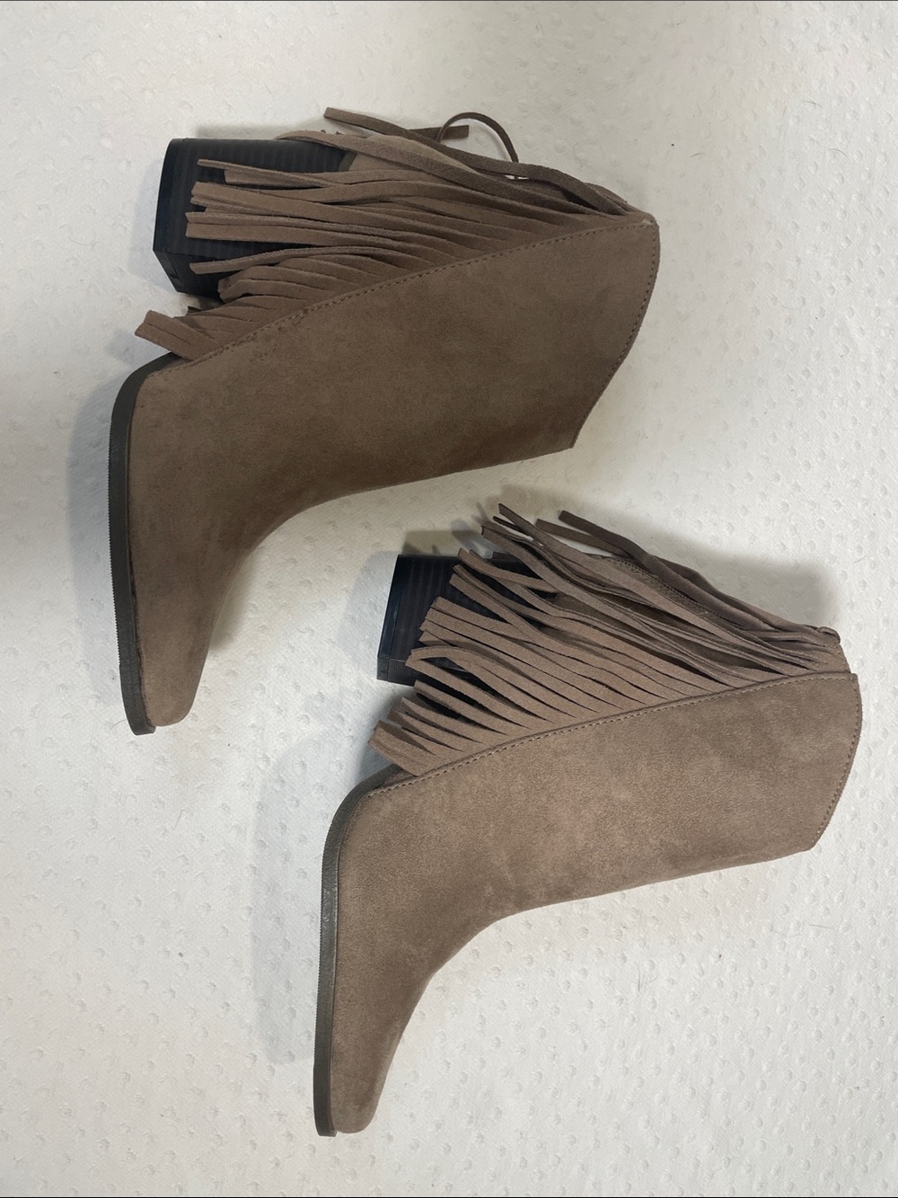 CANDIE’S Fringe Suede Pointed Toe Ankle Boots - Taupe W7 NWOT